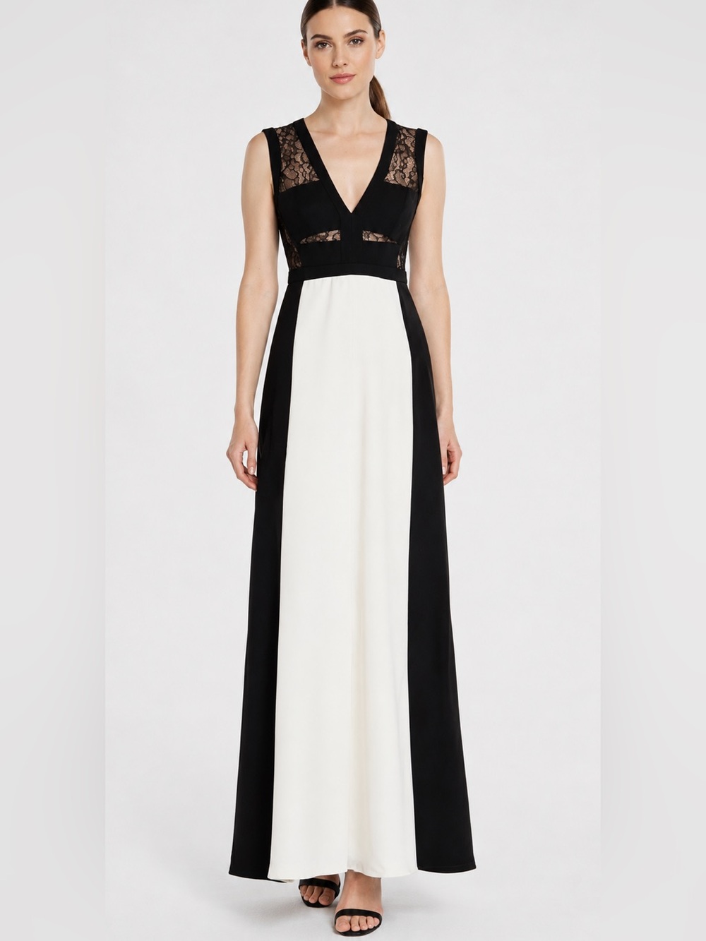 BCBGMAXAZRIA Black and Off-white Floor Length Gown Lace Panel Odette Size 4 G
